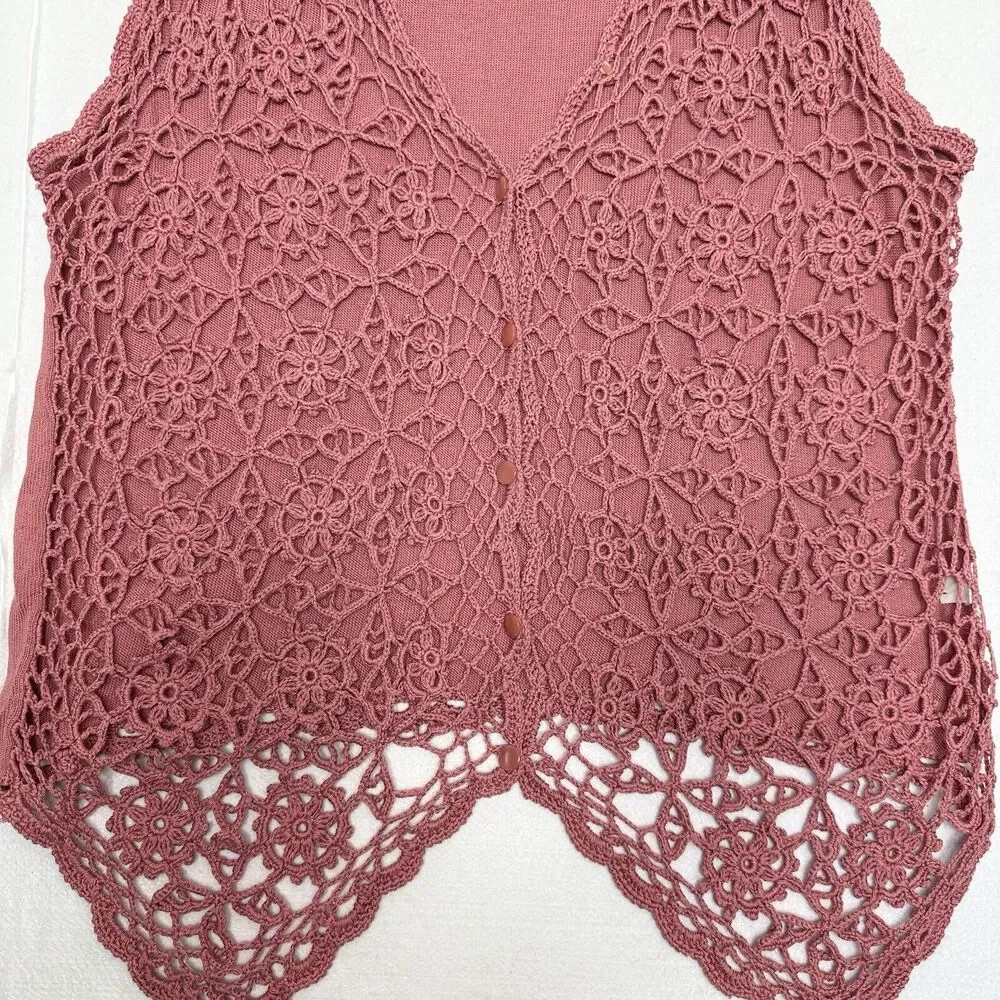Vintage Casual Corner 90s Y2K Silk Cotton Pink Crochet Vest Sz M CottageCore